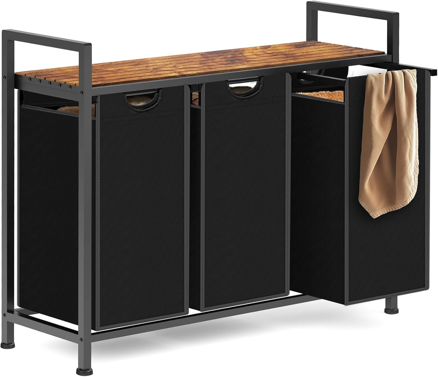 Laundry Hamper, Laundry Sorter with 3 Pull-Out Removable Oxford Fabric Bags Cloth Laundry Basket 3 x 10 Gallons (Black and Rustic Brown)