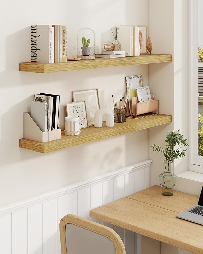 Marsmiles 39" Floating Shelves for Wall, Wooden Shelves with Invisible Brackets Set of 2, Rustic Farmhouse Wall Mounted Shelf for Kitchen Bathroom Living Room Study, Natural Oak