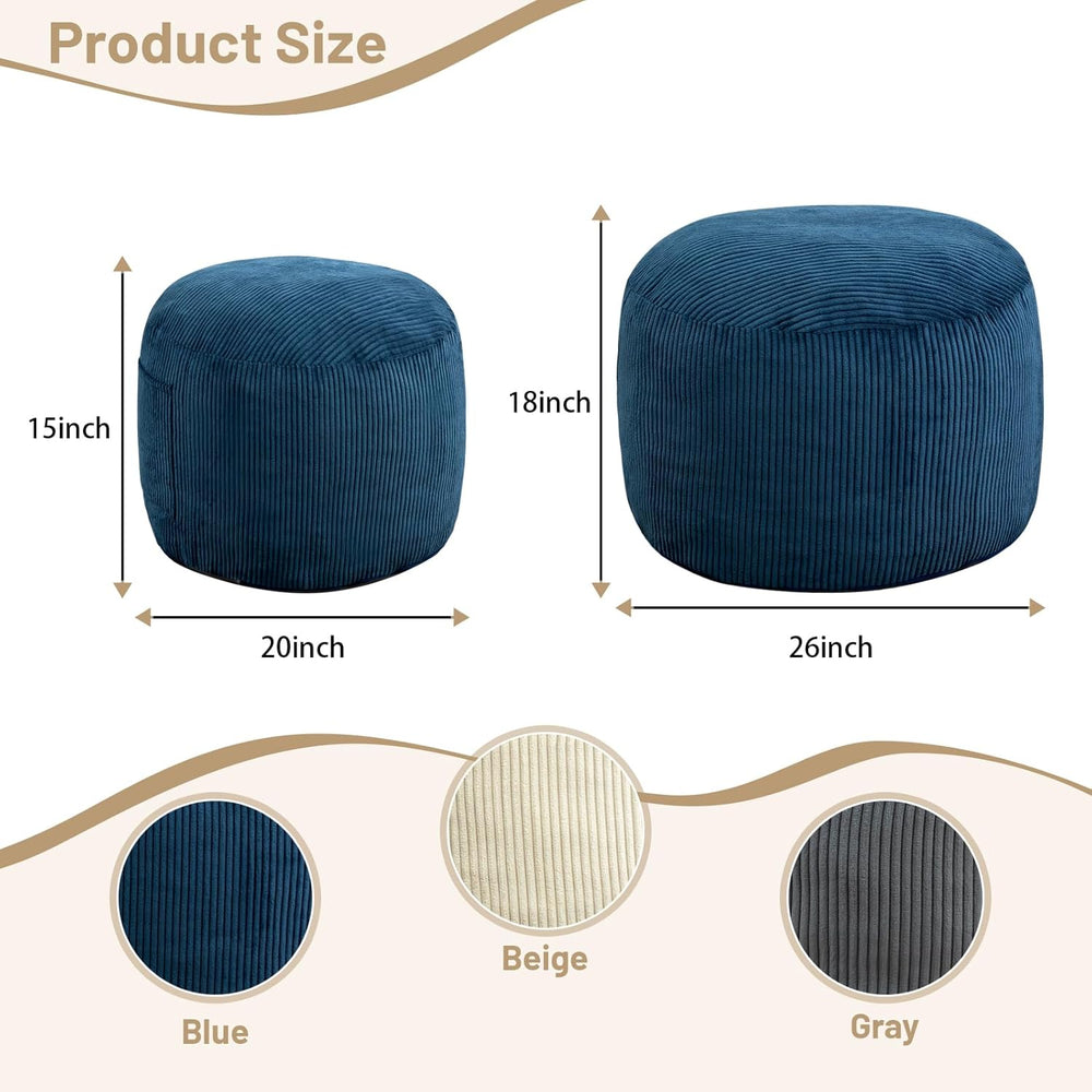 Round Stuffed Pouf Ottoman (Blue, 26" D x 26" W x 18" H)