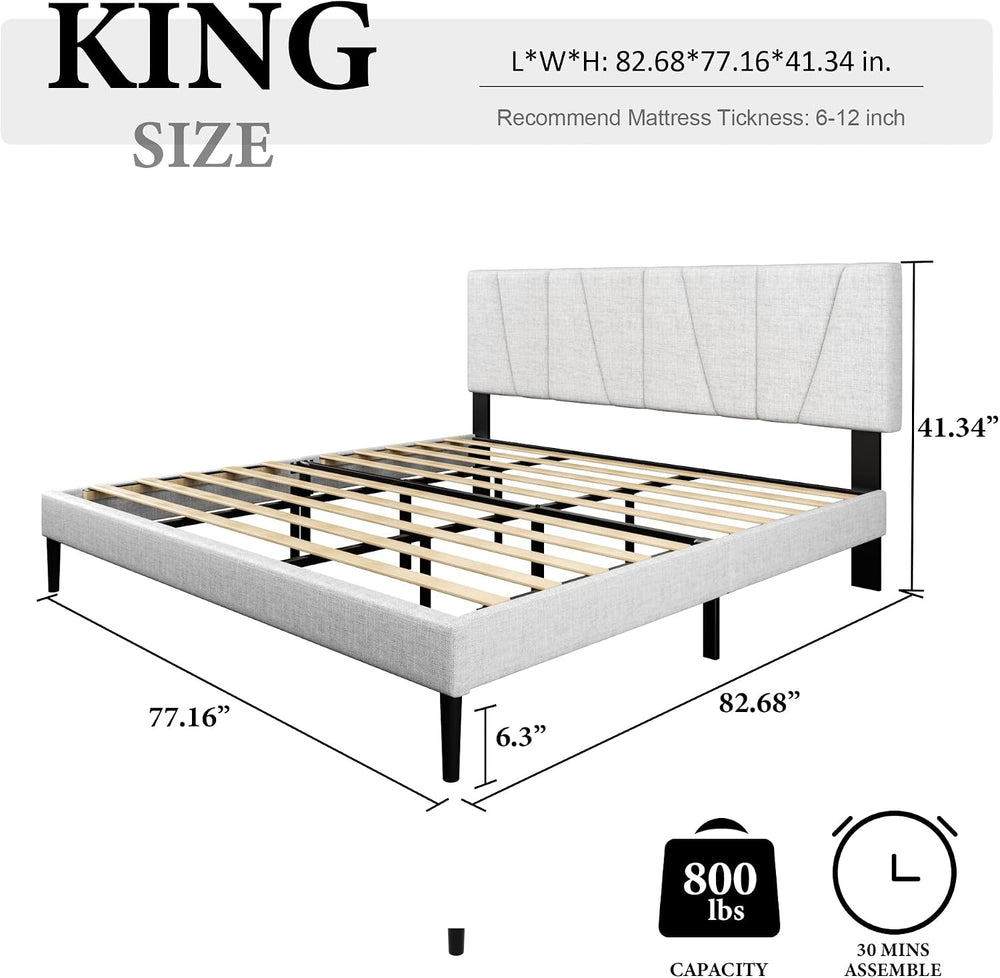 HAOARA King Size Bed Frame with Fabric Upholstered Headboard, Platform Bed wi...