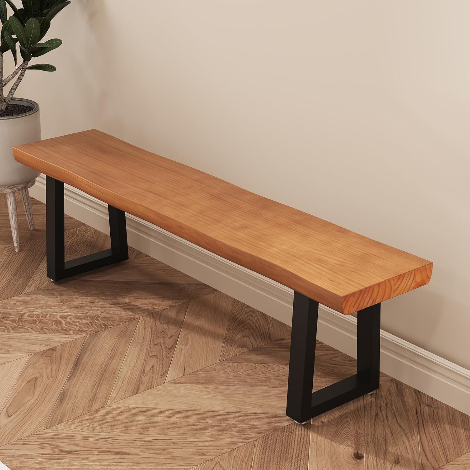 Durable Solid Wood Top Bench with Sturdy Metal Legs – Versatile Dining & Office Seating - Multi-Size Options Ideal for Living Room, Dining Room, and Home Office(Dark yellowbench, 62.99in)