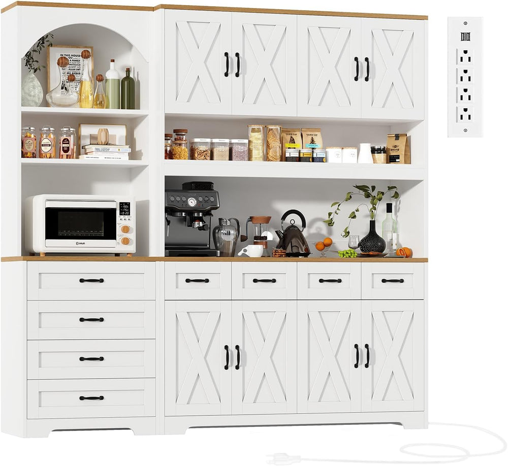 Kitchen Pantry Cabinet with 8 Drawers & Arched Open Shelf, Tall Farmhouse...