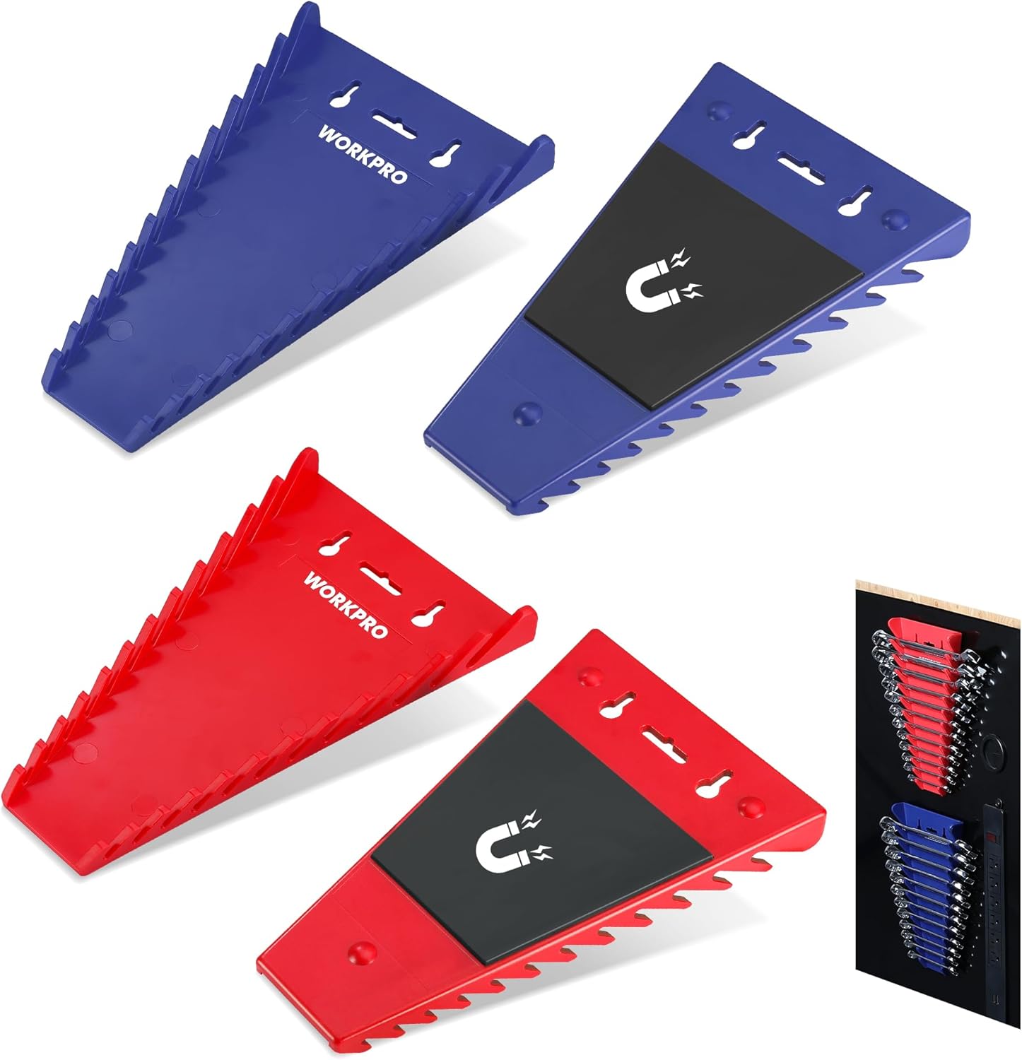 WORKPRO 4-Pack Magnetic Wrench Organizer, 12-Piece Wrench Holder Set for Tool Box Drawer Chest, SAE(1/4" - 15/16") and Metric(6 mm-24 mm)