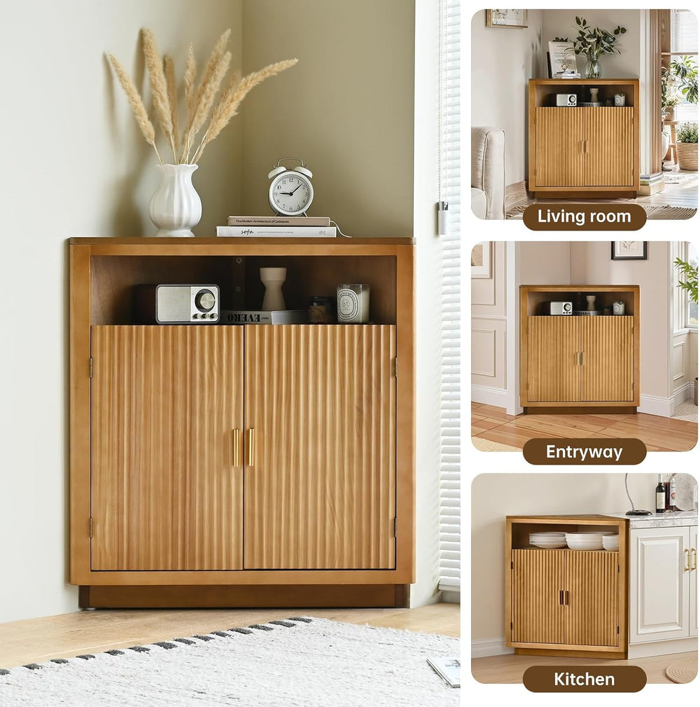 Ahokua Corner Storage Cabinet with Fluted Hand-Carved Doors, riangular Accent...
