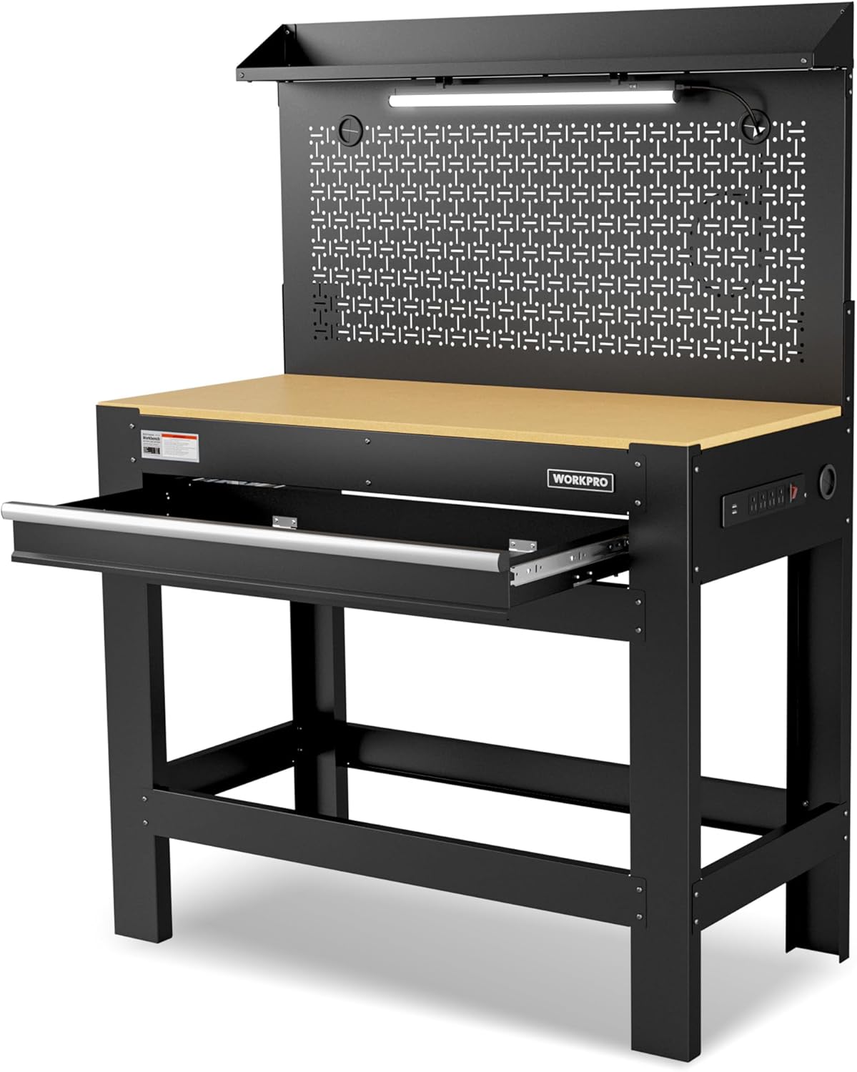 WORKPRO 45" Garage Workbench with Storage, Heavy-Duty Workbench with Pegboard, Power Outlets and Light, 800 LBS Work Bench for Garage, Warehouse, Workshop