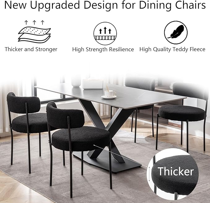 Black Boucle Dining Chairs Set of 2, Upholstered Dining Room Chairs with Blac...
