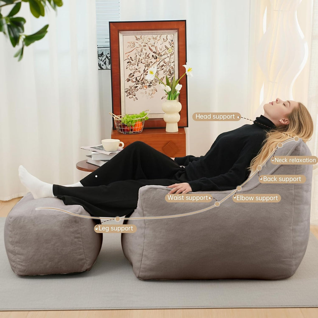 Cvortll Bean Bag Chair with Ottoman, Ultra Soft Fluffy Faux Fur Bean Bag Chairs with Foot Rest, Comfy BeanBag Sofa with Memory Foam, Armchair for Living Room, Bedroom & Game Rooms (Gray)