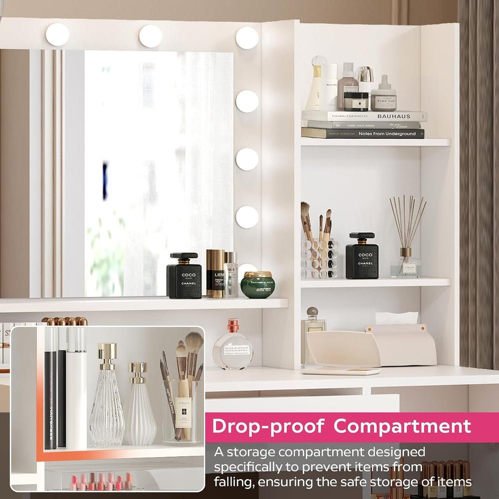 Palimder Vanity Desk with Mirror & Light, Large Drawer Three Level Storag...