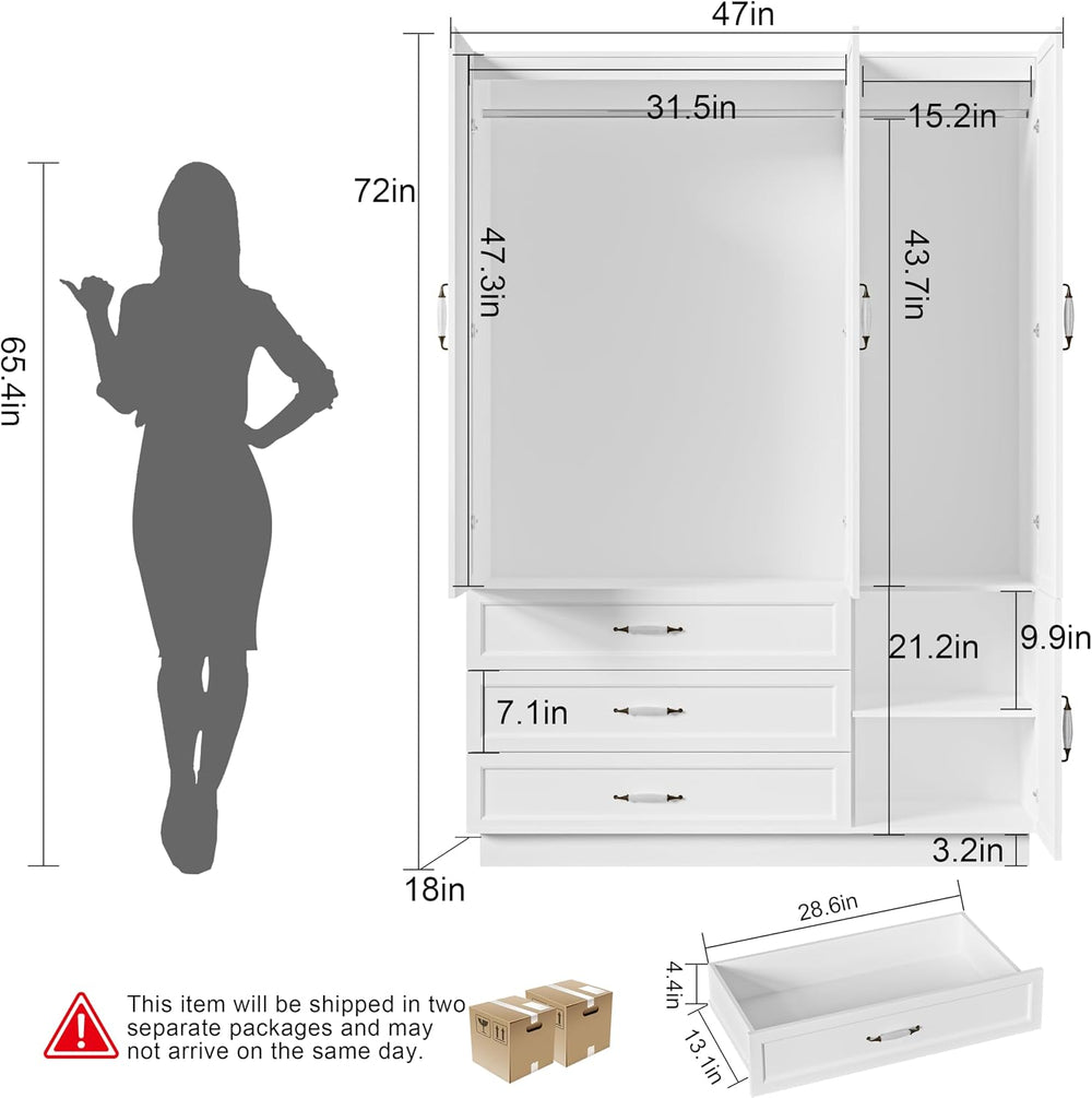 72" Wooden Armoire Wardrobe Closet with 3 Door White Bedroom Armoire wit...
