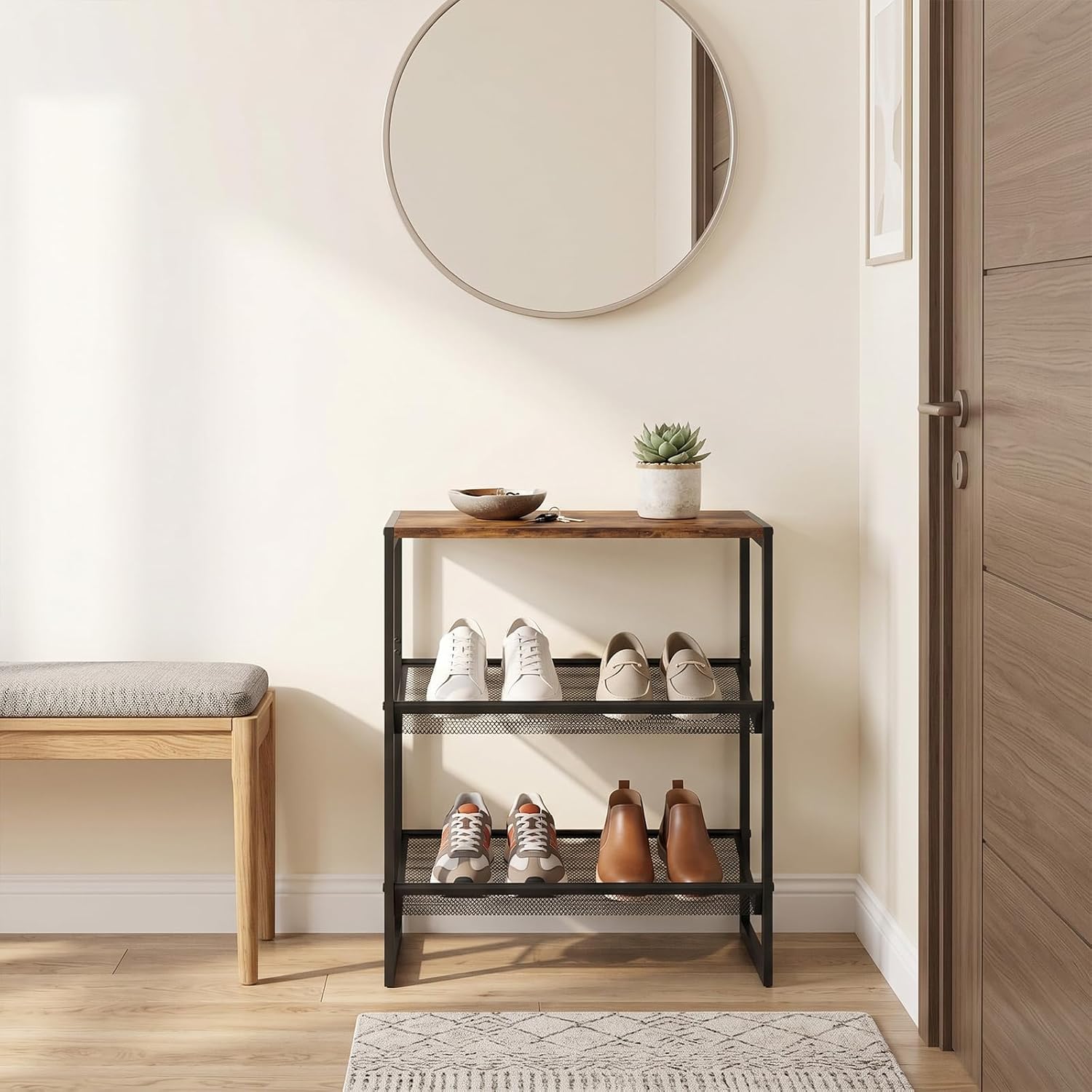 Shoe Rack for Entryway，3 Tier Shoe Storage Organizer，Sturdy Shoe Shelf,Boot Rack with a Fine Mesh Shelves，for Living Room, Hallway，Small Space,11.8 x 16.5 x 19.7 Inches,Brown