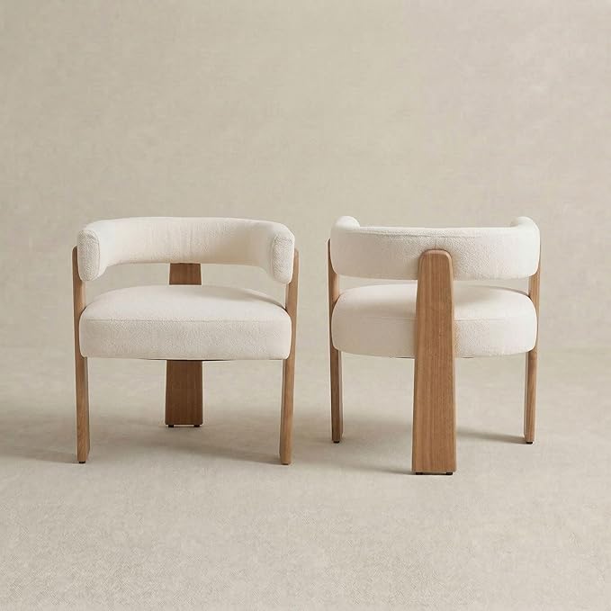 Set of 2 Modern Boho Barrel Dining Chairs with Wood Legs, White Upholstered Accent Armchairs with Thick Padded Cushion for Kitchen, Minimalist Natural Chic Chairs for Living Room