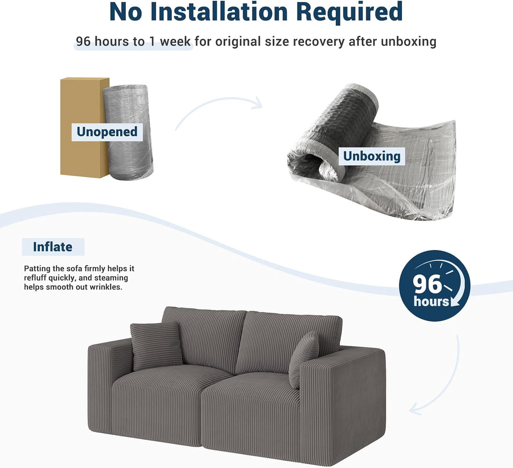 Modular Loveseat Couch Cloud Couches for Living Room - 79" Boneless Sofa - No Assembly Required, Cozy Corduroy Convertible Full Sponge Compression Sofas for House, Apartment(Grey)