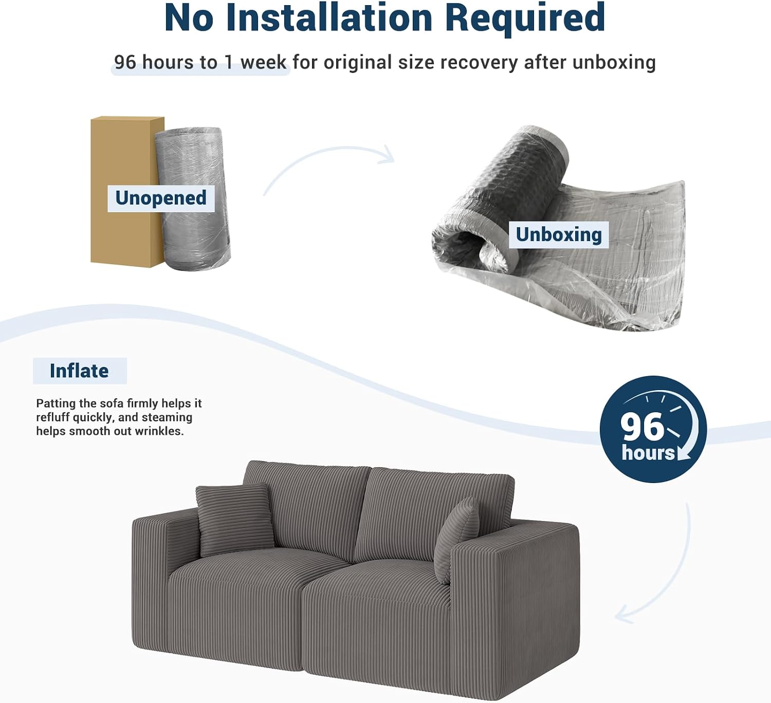 Modular Loveseat Couch Cloud Couches for Living Room - 79" Boneless Sofa - No Assembly Required, Cozy Corduroy Convertible Full Sponge Compression Sofas for House, Apartment(Grey)