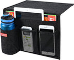 Linen 4 Pockets Bedside Caddy, Bedside Storage Organizer with Water Bottle Holder for Magazine, Remotes, Phone (Black)