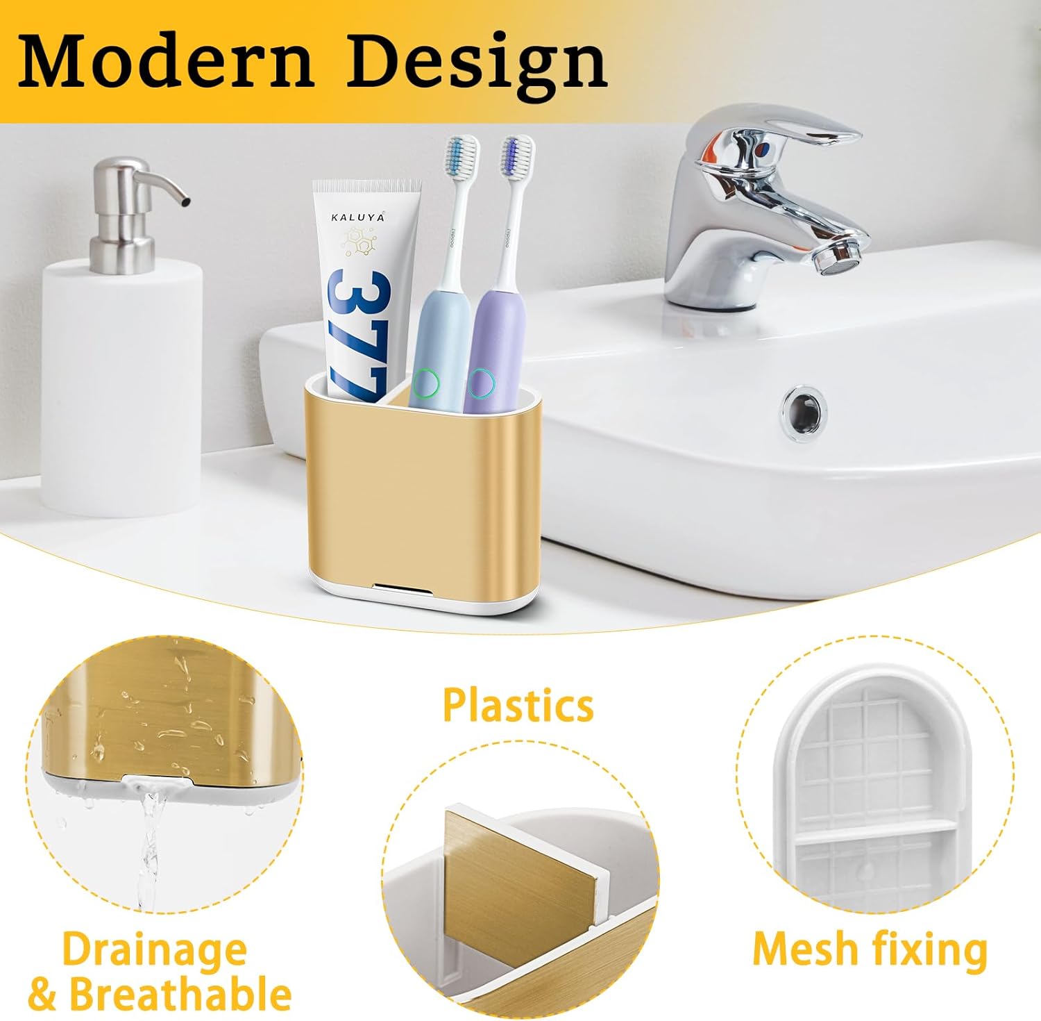 Chintu Toothbrush and Toothpaste Holder with Divider for Bathroom Countertop Organizer, Detachable for Easy Clean,Kids Electric Toothbrush Holders Storage Caddy for Family (Gold)