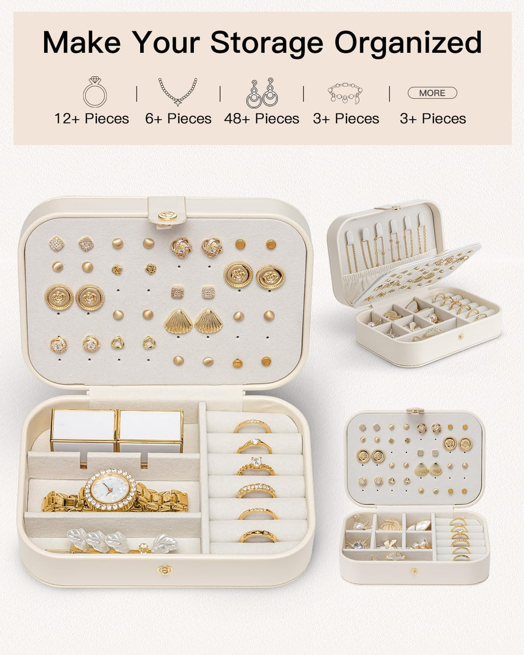 VLANDO Travel Jewelry Case for Women Girls, Gifts for Mother, PU Leather Small Jewelry Box for Rings, Necklaces, Bracelets, Earring Holder Organizer Storage for Travel Essentials - Beige