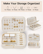 VLANDO Travel Jewelry Case for Women Girls, Gifts for Mother, PU Leather Small Jewelry Box for Rings, Necklaces, Bracelets, Earring Holder Organizer Storage for Travel Essentials - Beige