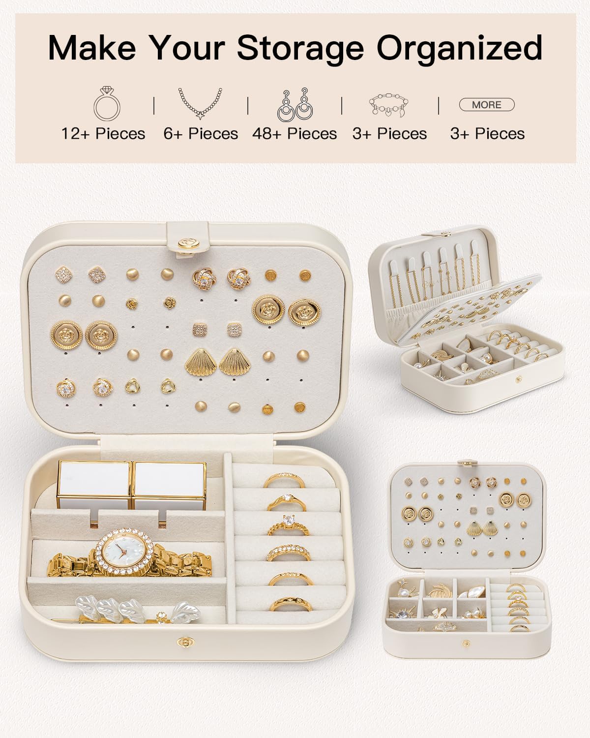 VLANDO Travel Jewelry Case for Women Girls, Gifts for Mother, PU Leather Small Jewelry Box for Rings, Necklaces, Bracelets, Earring Holder Organizer Storage for Travel Essentials - Beige