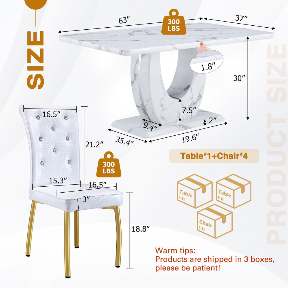 Modern Faux Marble Dining Table Set for 4, 63" White Rectangular Kitchen...