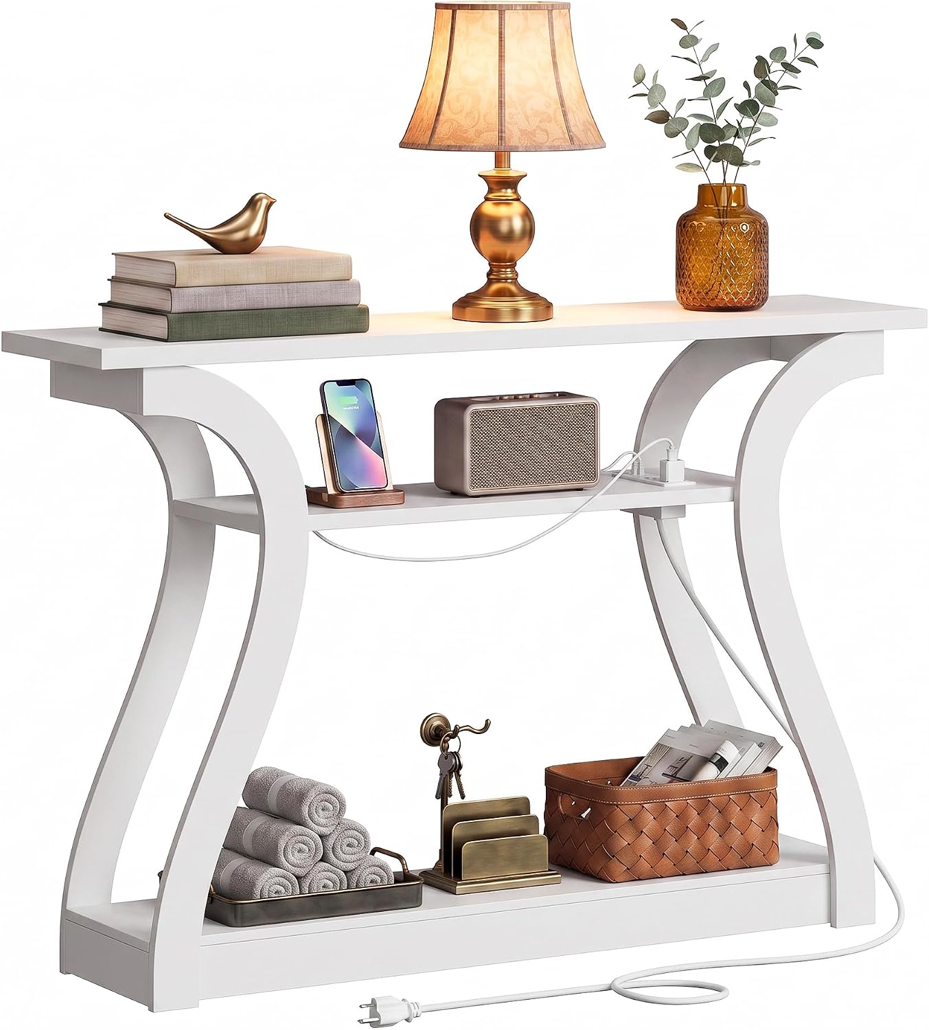 SUPER DEAL 47 in Wood Console Table with Charging Station, 3 Tier Narrow Entryway Table with Curved Frame and 2 Open Storage Shelves Accent Sofa Table for Hallway Living Room Bedroom, White