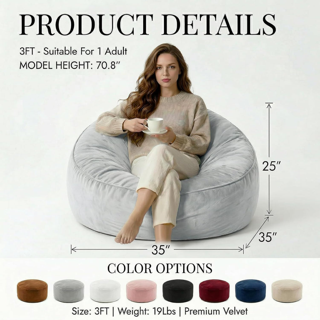 Bean Bag Chair for Adults, High-Density Memory Foam Beanbag Chair with Removable Washable Velvet Cover, Fast Rebound Fluffy Lazy Sofa Couch for Living Room & Bedroom