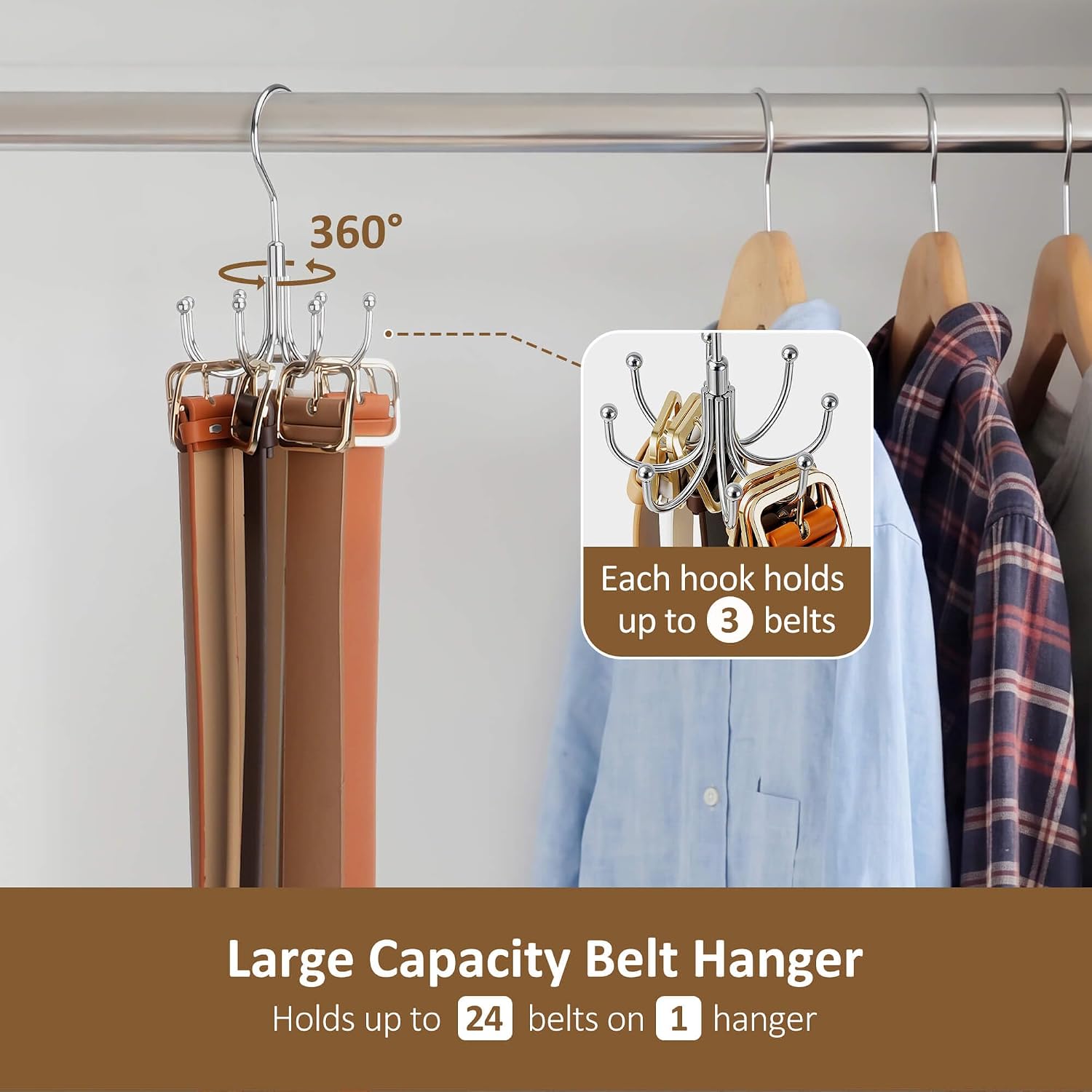 ZEDODIER Belt Organizer for Closet, Heavy-Duty Rotating Belt Hanger Tie Rack Holds up to 24 Belts, Hanging Space Saving Metal Belt Holder for Closet Storage