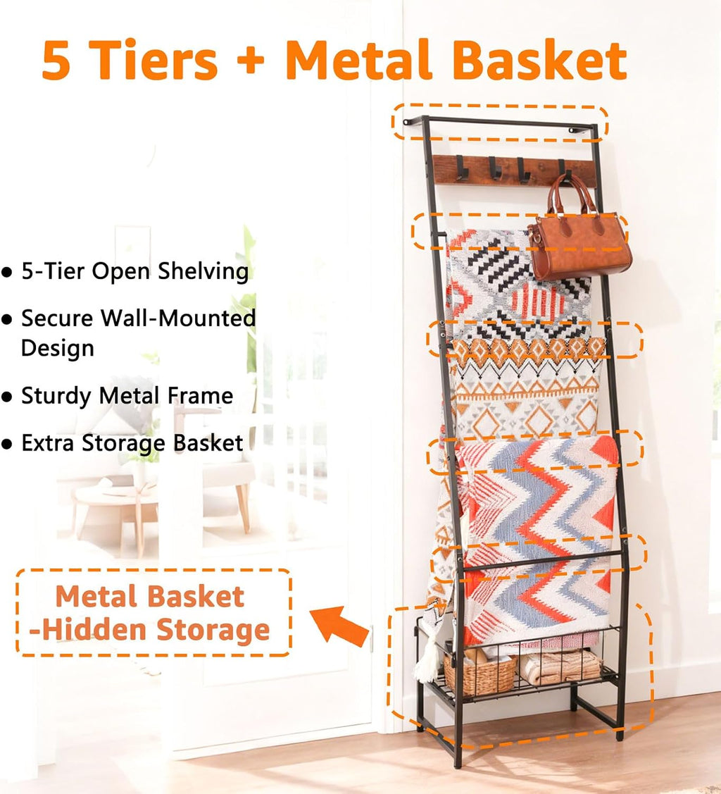 Metal Blanket Ladder with Basket, 5 Tier Black Blanket Ladders for the Living Room with Hooks, 5.2ft Wall Leaning Quilt Ladder for Blankets, Towels & Throws, Farmhouse Decor
