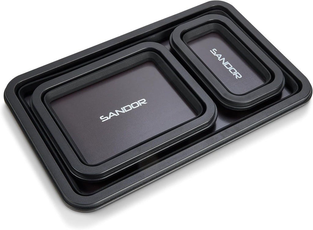 Collapsible Magnetic Parts Tray Set - 3 Different Size Tool Trays for Screw, Bolts, Nuts, Washers, Pins and Other Small Metal Parts, Mechanic Tool Gifts for Men - Black