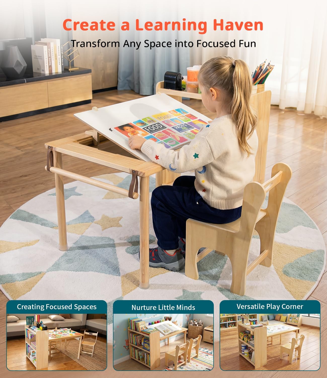 JOIN&JOY Kids Art Table and 2 Chair Set, Multifunctional Craft Table with Storage Shelves, Toddler Activity for Creativity, Drawing, Learning & Playtime | Toddler Activity Desk for Creativity, Drawing, Learning & Playtime