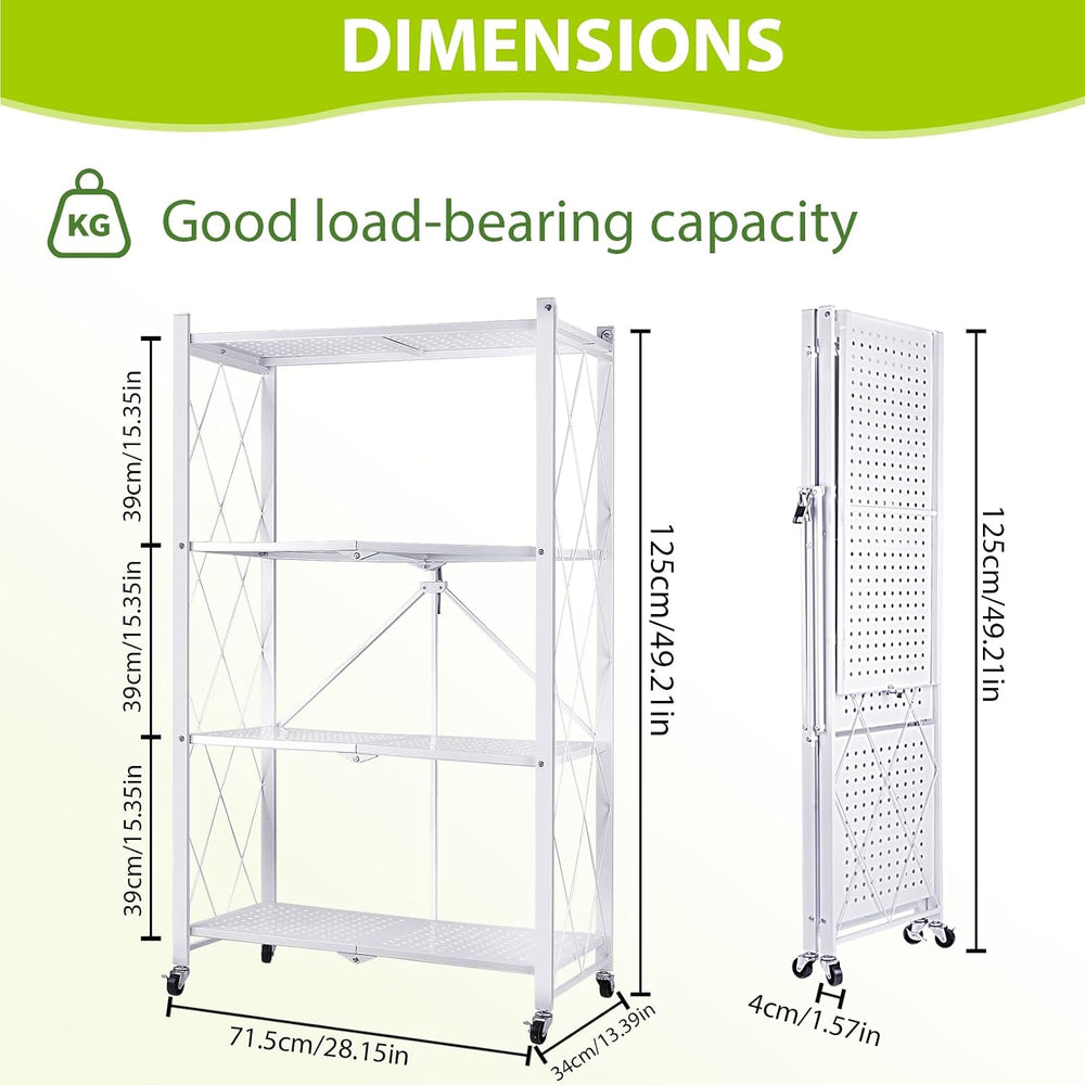 4-Tier Foldable Storage Shelf with Wheels, Metal Collapsible Shelving Unit, H...