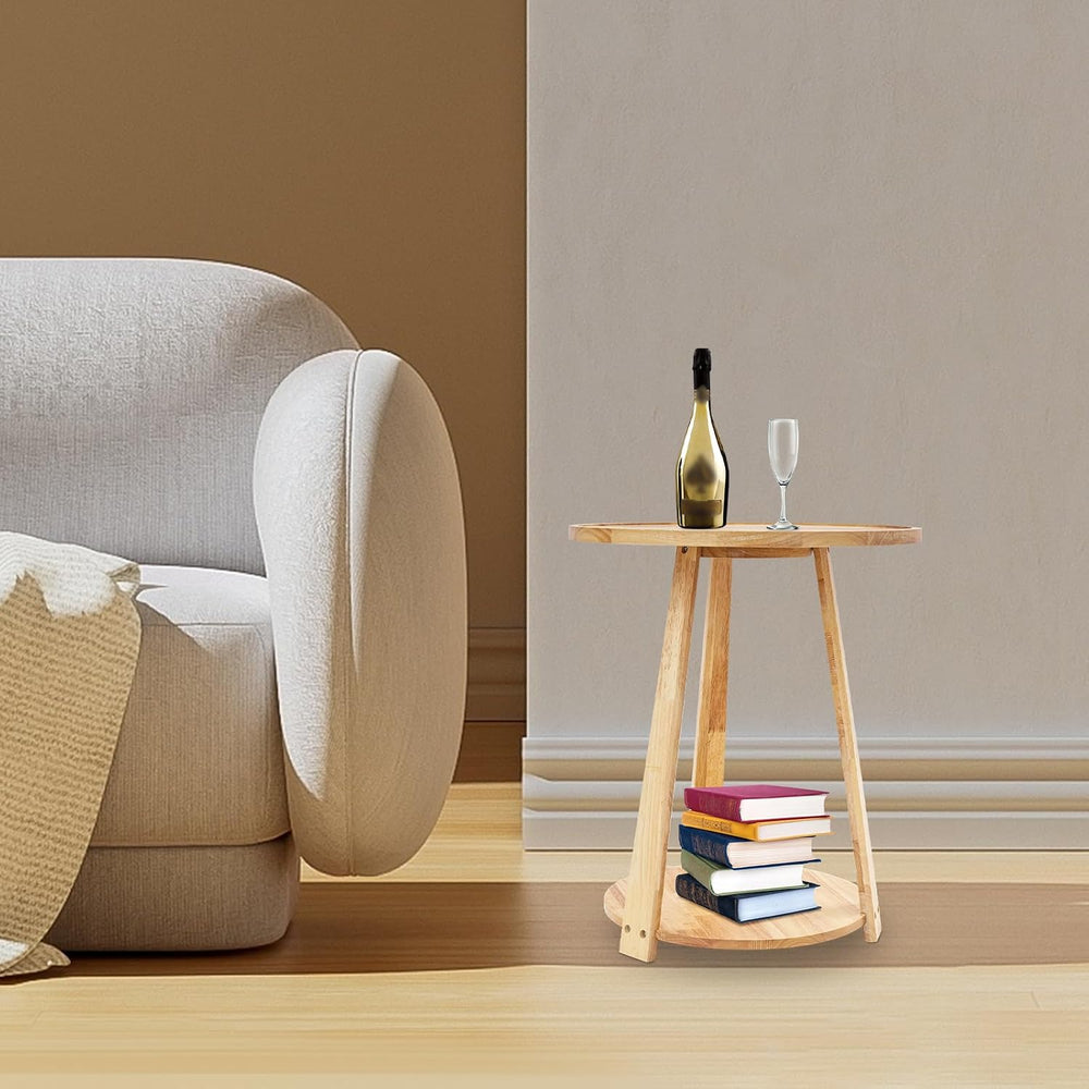 Small Round Side Table, 2-Tier End Table with Storage Shelf, Modern Couch Bed...