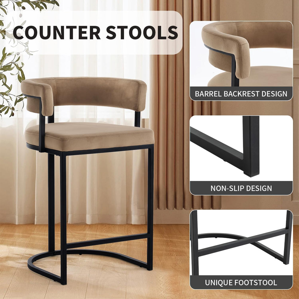 Modern Barrel Bar Stools Set of 2, 26" Counter Height Stools, Velvet Cou...