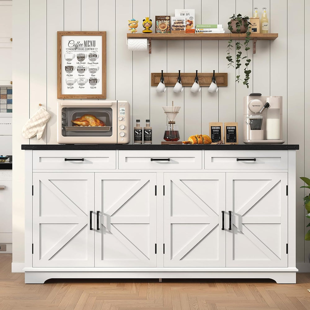 usikey 61” Large Sideboard Buffet Cabinet with 4 Doors and 3 Drawers, Farmhou...