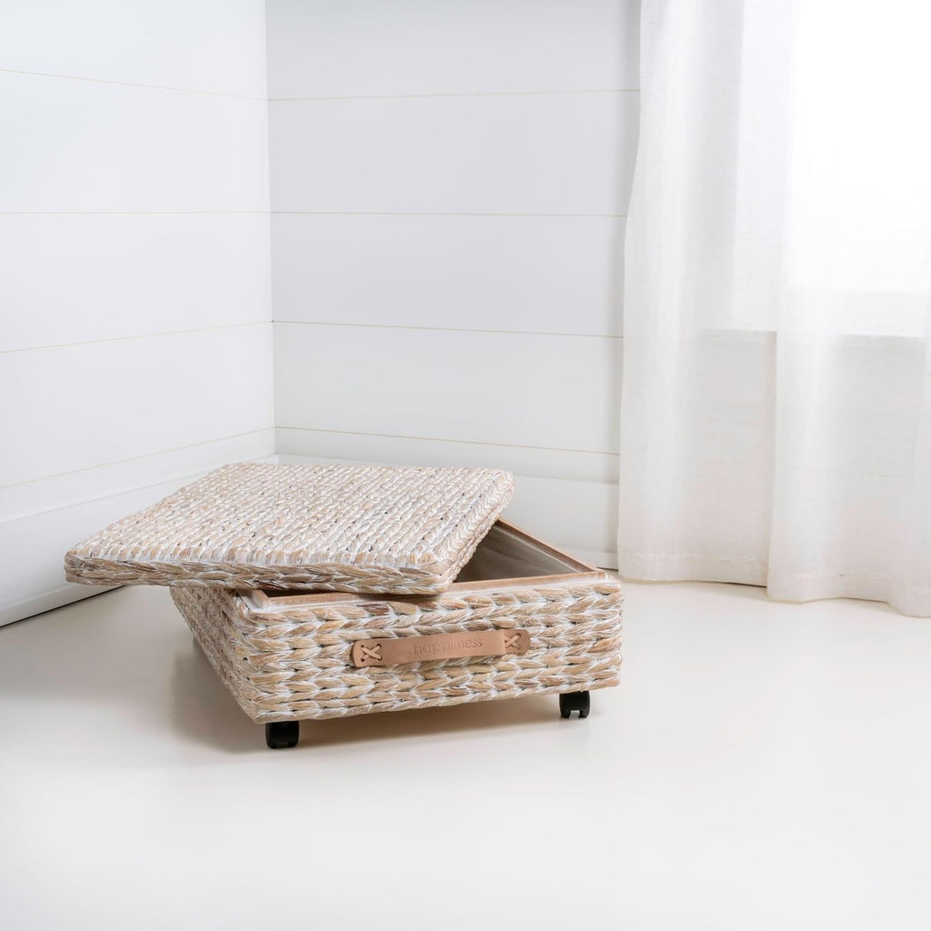 happimess BSK1006C 26.38" Chett Minimalist Hand-Woven Hyacinth/Wood Underbed Storage Bin with Wheels and Handles for Storage and Decoration in Bathroom, Bedroom, Closet,Entryway,Guest Room, White Wash