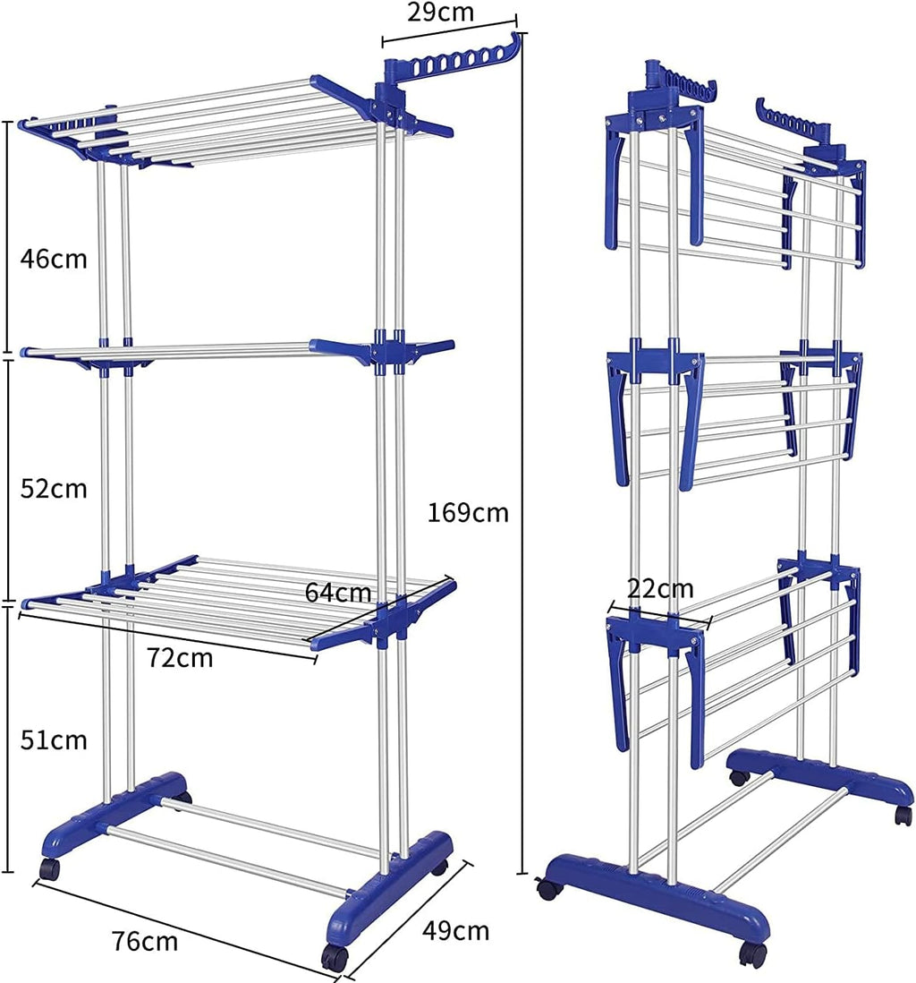 Bigzzia Clothes Drying Rack, Folding Stainless Steel Drying Rack Clothing Indoor Outdoor, Space-Saving, 4 Tier Laundry Drying Rack with Two Side Wings Grey Blue
