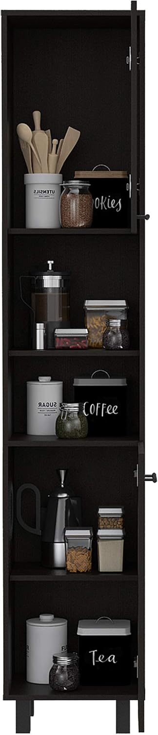 Pantry, Four Legs, Three Interior Shelves, Two Shelves, Two Cabinets -Black
