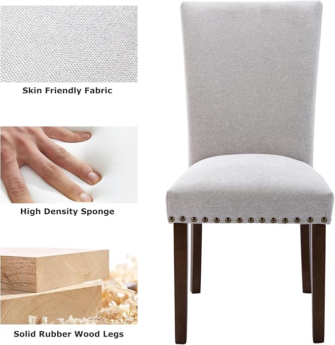 COLAMY Upholstered Parsons Dining Chairs Set of 2, Fabric Dining Room Kitchen Side Chair with Nailhead Trim and Wood Legs - Light Grey