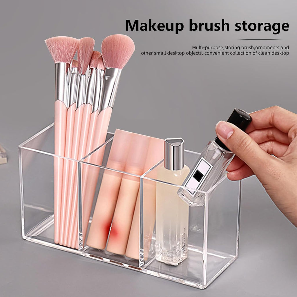 Acrylic Makeup Brush Holder, 2 Pack Clear Pencil Holder, Desk Accessories Holder with 3 Compartments, Brush Organizer for Vanity, Desk, Cosmetic Display