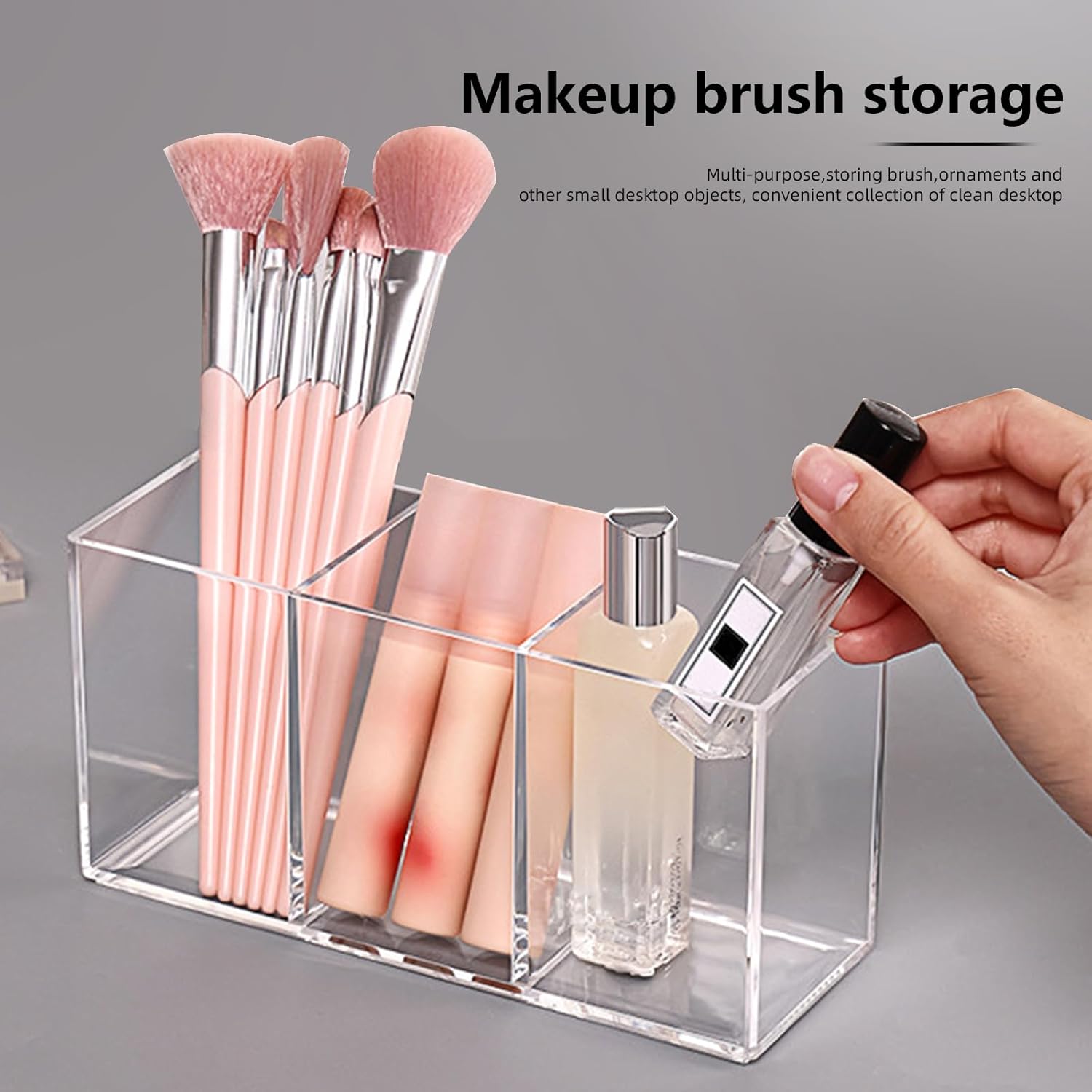 Acrylic Makeup Brush Holder, 2 Pack Clear Pencil Holder, Desk Accessories Holder with 3 Compartments, Brush Organizer for Vanity, Desk, Cosmetic Display