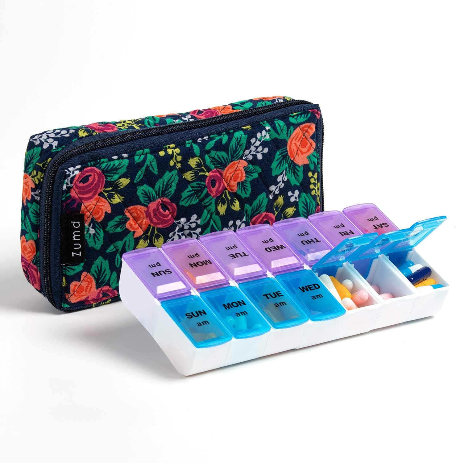 Weekly Pill Organizer 2 Times a Day, Zumd Pill Box 7 Day with Cute Quilted Fabric Zipper Case, Travel Pill Case Am Pm for Vitamin Medicine Organizer