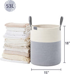 VIPOSCO Tall Laundry Basket, Large Dirty Clothes Hamper with Leather Handle, Woven Rope Storage Basket for Blanket, Toy In Living Room, Bathroom, Bedroom - 53L Grey & White