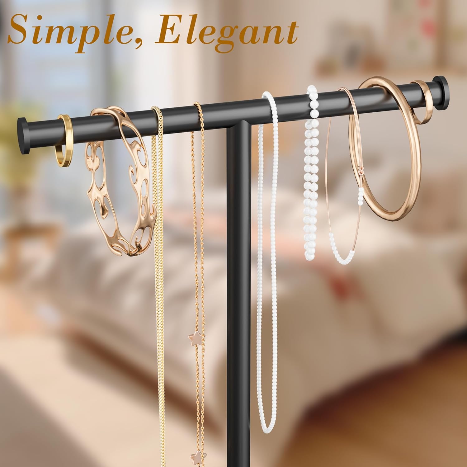Necklace Organizer Stand with Storage Tray - 12.6" Tall T-Shaped Jewelry Holder Stand for Bracelets, Earrings, Rings | Stylish Home & Vanity Décor for Women, Black.