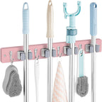 Pink Mop Broom Holder Wall Mount with 4 Slots & 4 Hooks - Wood Broom Mop Hanger for Pantry Closet Laundry Room Kitchen Organization - for Pink Kitchen Decor and Accessories