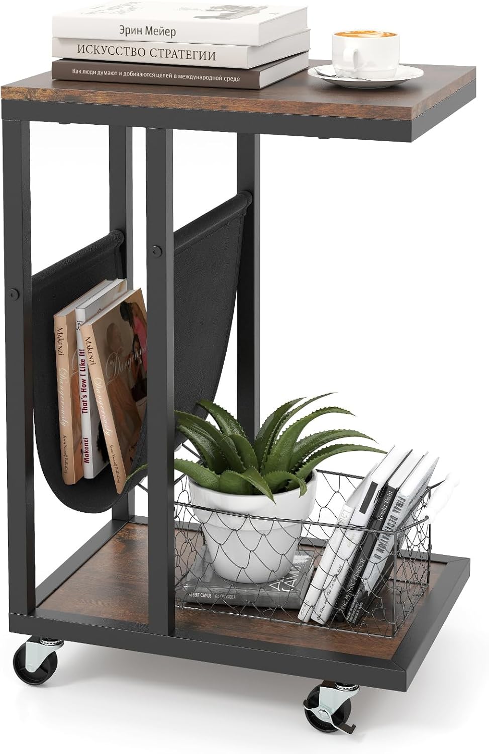 Giantex C Shaped End Table with Rolling Wheels, Sofa Side Table with Magazine...