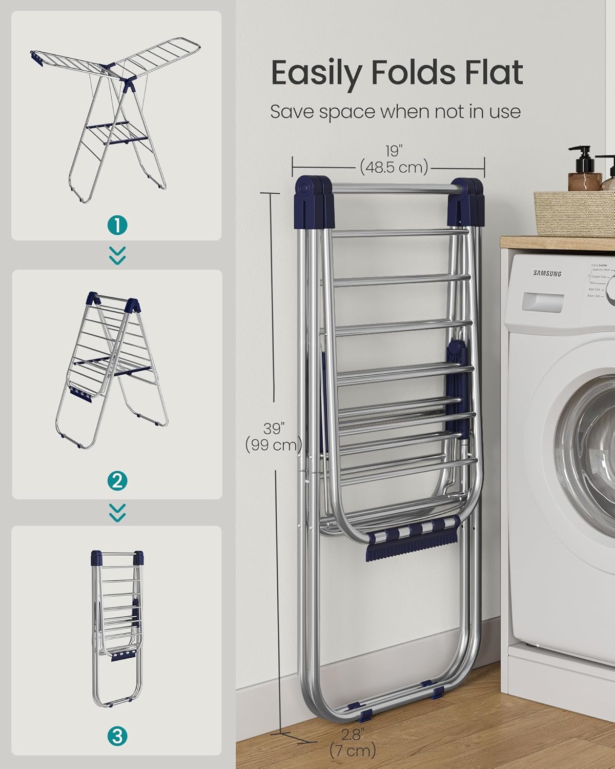 SONGMICS Clothes Drying Rack, Foldable Laundry Drying Rack, Sock Clips, Metal Clothes Airer with Height-Adjustable Gullwings, Space-Saving, Indoor Outdoor, 17 x 51.2 x 39 Inches, Blue ULLR505EQ01