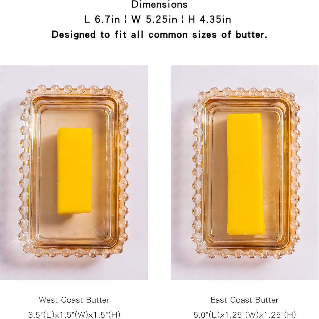 Glass Butter Dish with Lid for Countertop, Champagne Color Crystal Covered Butter Stick Holder Tray, Glass Butter Storage Container for Refrigerator