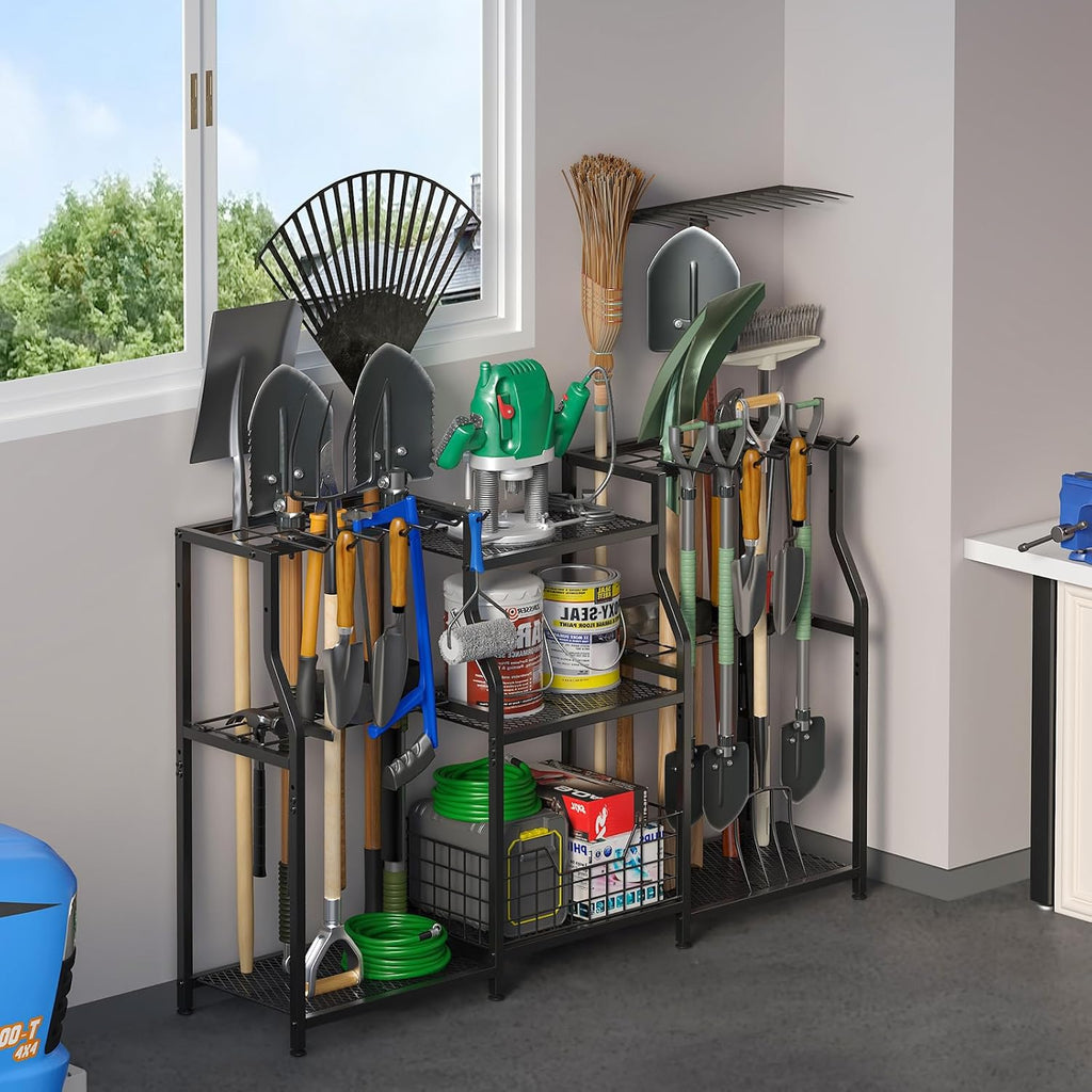 keomaisyto Garden Tool Organizer, Heavy Duty Yard Tool Tower Rack for Garage Organization and Storage, 3 Tier Utility Garden Tool Rack with hooks for Garden/Shed/Garage/Yard/Basement/Lawn