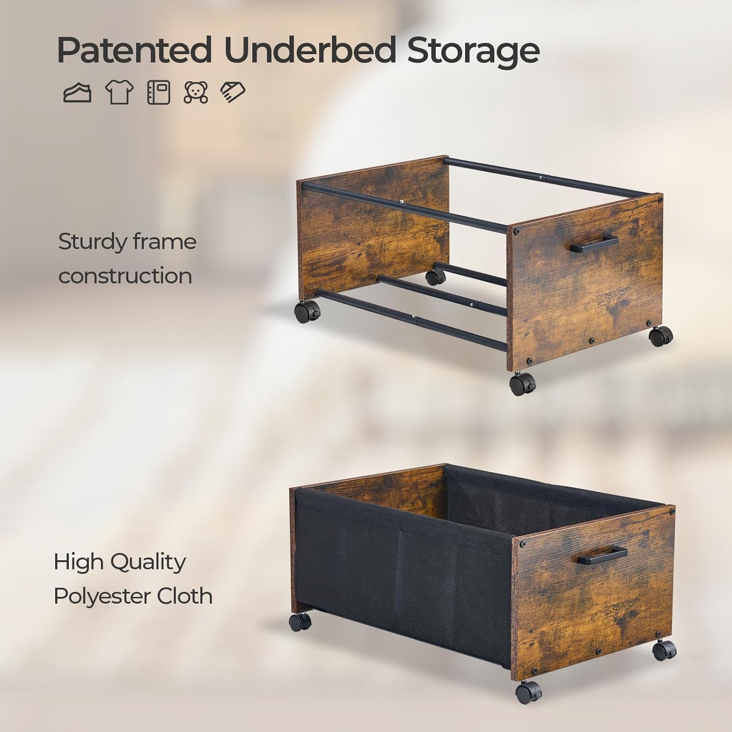 Under Bed Storage with Wheels, Wooden Under Bed Drawers On Wheels, Rolling Under Bed Shoe Storage, Space Saving, Rustic Brown,70L