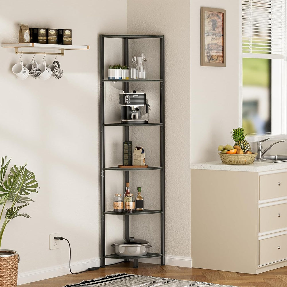 Furnulem 6 Tier Corner Shelf with LED Light, 67.5" Black Narrow Bookshel...