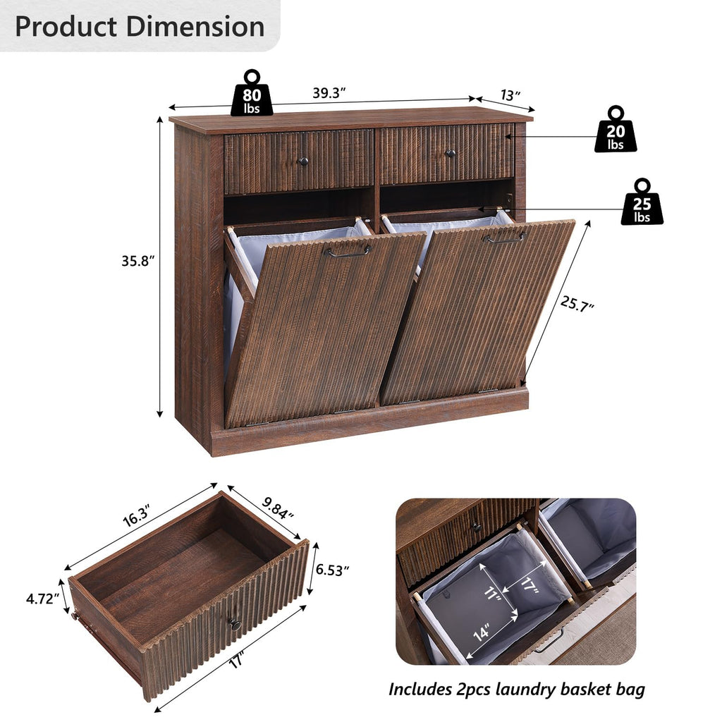 Modern Double Tilt-Out Trash Cabinet, 20 Gallon Fluted Laundry Hamper Cabinet with 2 Drawers, Wooden Hidden Garbage Can Cabinet w/Storage Basket,Free Standing for Kitchen & Living Room, Brown